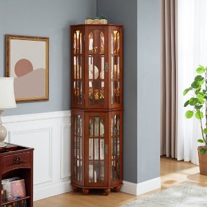 TiramisuBest Corner Curio Cabinet with 4 Adjustable Tempered Glass Shelves and Lighting System, Solid Wood Legs - 1 of 4