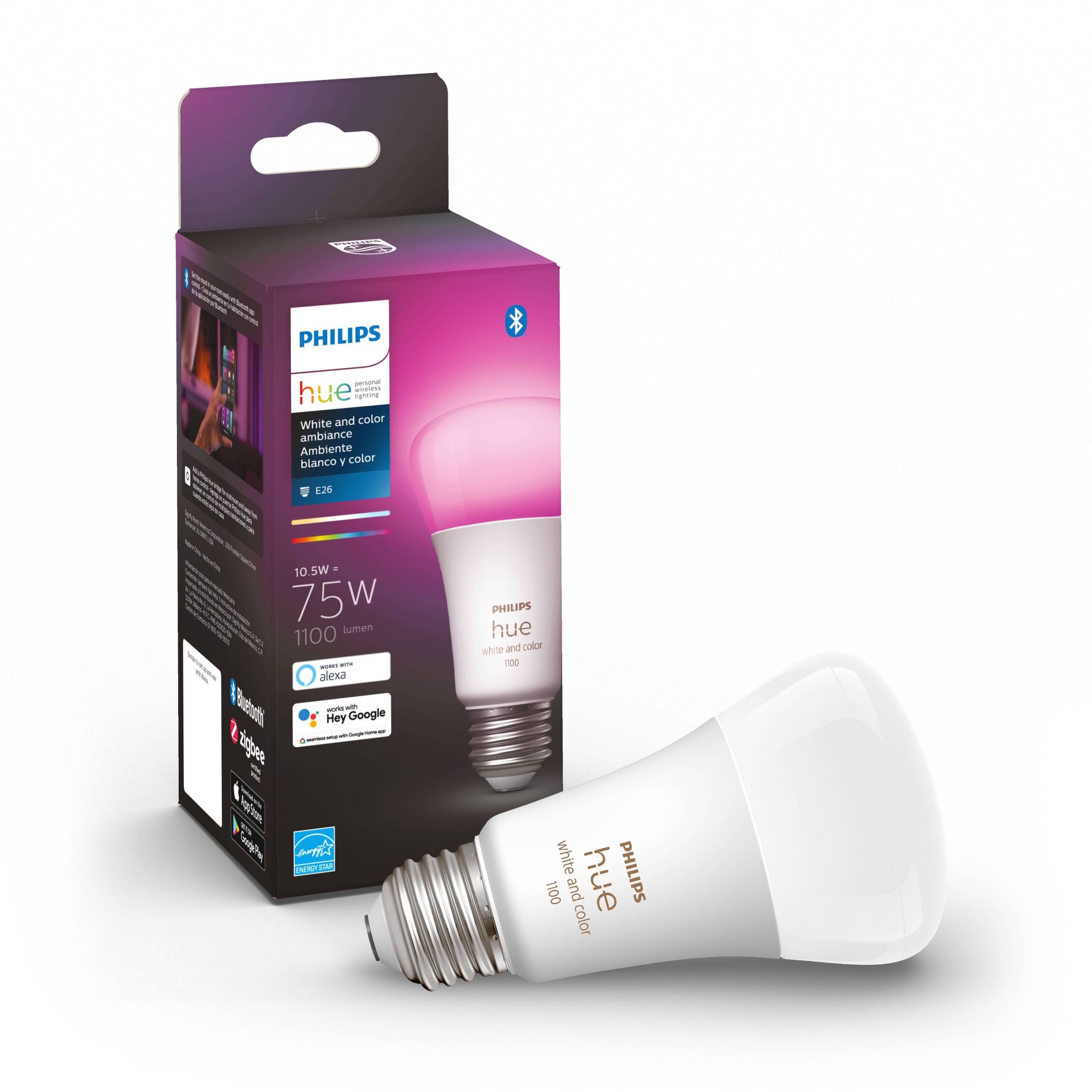 Philips Hue A19 75W Smart LED Bulb: Multicolored, Dimmable, Smartphone App Controlled, Energy Star Certified, 1100 Lumens
