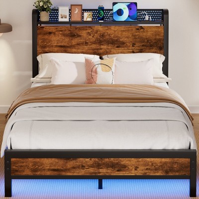 Furnulem Bed Frame with Charging Station and LED Lights, Industrial Platform Beds with Storage Headboard,  USB Port, No Box Spring Needed, Noise Free