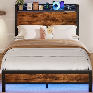 Furnulem Bed Frame with Charging Station and LED Lights, Industrial Platform Beds with Storage Headboard,  USB Port, No Box Spring Needed, Noise Free - 1 of 4