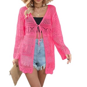 Women Crochet Cardigan Tie Front Long Sleeve Lightweight Cover Up Oversized Hollow Out Summer Cardigans - 1 of 4