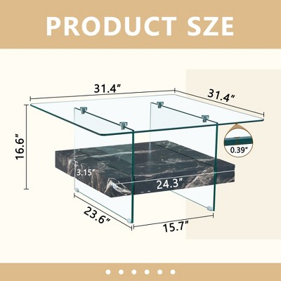 ?Vynxaria 31.4" Modern Two-Tier Square Coffee Table - Elegant Glass & Marble Design