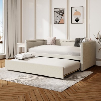 Modern Style Twin Size Upholstered Daybed with Trundle for Guest Room, Small Bedroom, Study Room