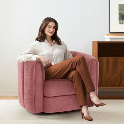 SKRAN Swivel Accent Barrel Chair, Modern Round Armchairs with Upholstered, Comfy Swivel Accent Chair for Living Room, Pink Teddy