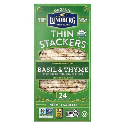 Lundberg, Organic Thin Stackers, Puffed Grain Cakes, Basil Thyme, Lightly Salted, 24 Rice Cakes, 6 oz (168 g)