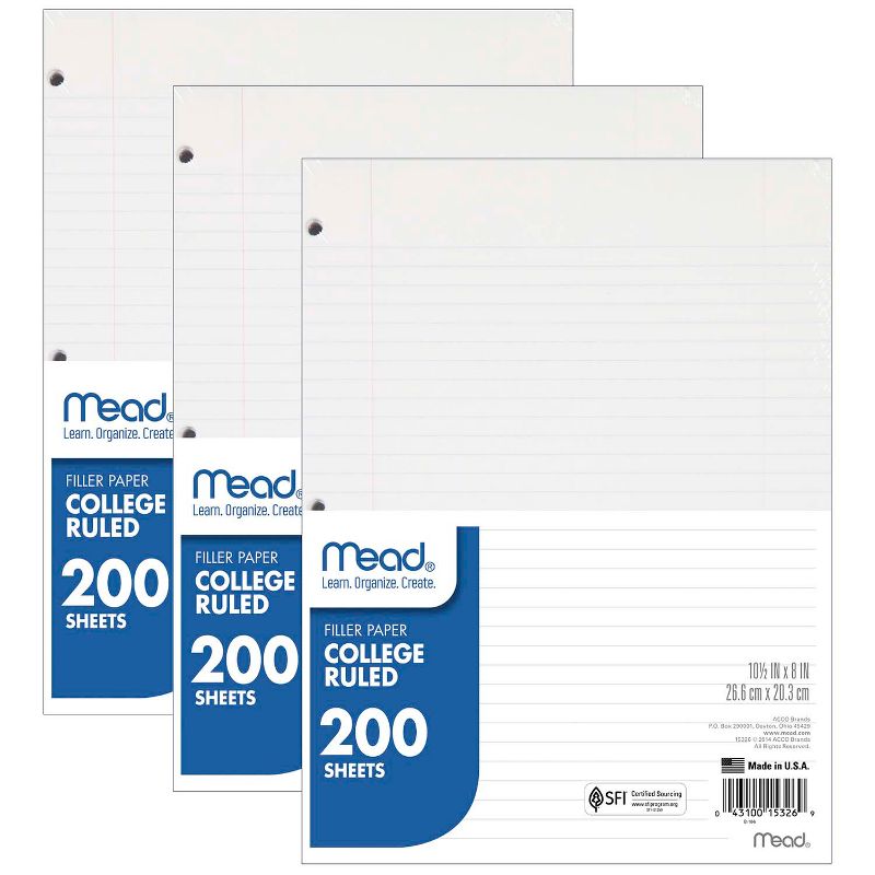 Mead Notebook Filler Paper, College Ruled, 200 Sheets Per Pack, 3 Packs, 1 of 6
