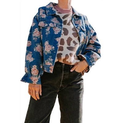 Women's Floral Print Washed Denim Jacket - Oddi