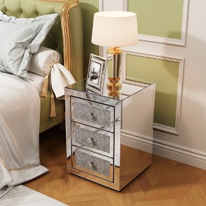 Airsurfer 3-Drawer Mirrored Silver Nightstand Elegant Mirrored Bedside Table Glamorous Home Accent for Luxurious Bedroom Decor - 1 of 4