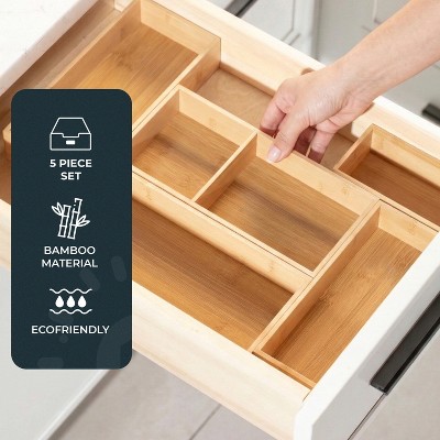 Luminuxe Bamboo Drawer Organizer Set, 5 Piece Non-Slip Versatile Storage Trays for Kitchen Utensils, Bathroom Essentials, Makeup & Jewelry Drawer Organizer Set — фото 6