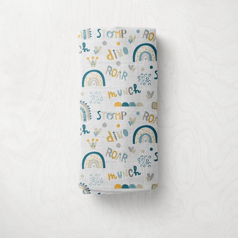 Little Dino Boys Teal/Yellow 2 pack Muslin Swaddling Blankets, 4 of 10