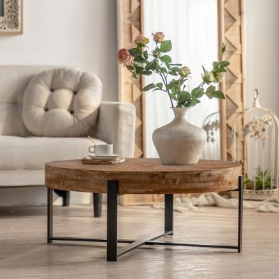 CENGHU Modern Thread Design Round Coffee Table with Cross Legs Metal Base, Tea Table, Side Table for Living Room, Dining  Room, Bedroom, Kitchen