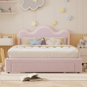 Twin Size Boucle Princess Bed Frame for Kids/Girls -Upholstered with Flower Headboard, LED Platform Bed with Storage Drawers, Solid Wood Slats Support - 1 of 4