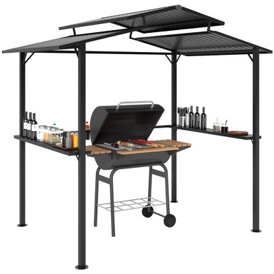 Outsunny 8' x 5' Hardtop Grill Gazebo, Outdoor BBQ Gazebo with Double Metal Roof, 2 Side Shelves and 4 Cup Holders for Patio Backyard Lawn Deck