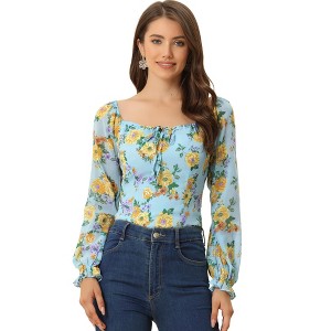 INSPIRE CHIC Women's Floral Smocked Elegant Puff Long Sleeve Square Neck Blouse - 1 of 4
