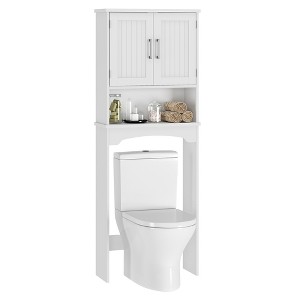 Above-toilet storage cabinet, double-door bathroom storage rack with anti-tipping device and open shelves. - 1 of 4