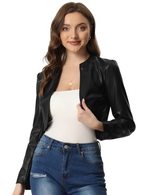 INSPIRE CHIC Women's PU Bolero Open Front Leather Cropped Long Sleeve Jacket