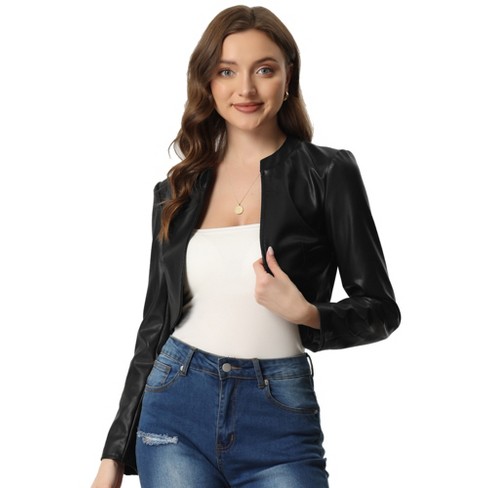 Allegra K Women's PU Bolero Shrug Open Front Leather Cropped Jacket Long  Sleeve Cardigan Black Small