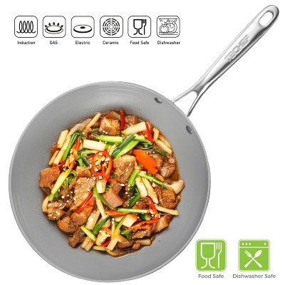 12" Silver Ceramic Nonstick Wok with Glass Lid