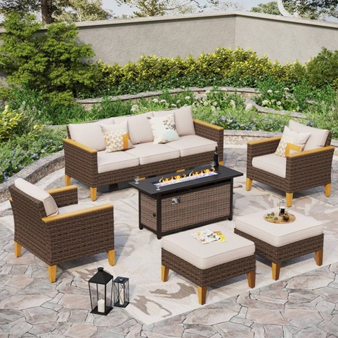 Captiva Designs 8pc Outdoor Wicker Rattan With Fire Pit And Ottoman Beige Modern Patio Seating Set Powder coated Steel Frame Target