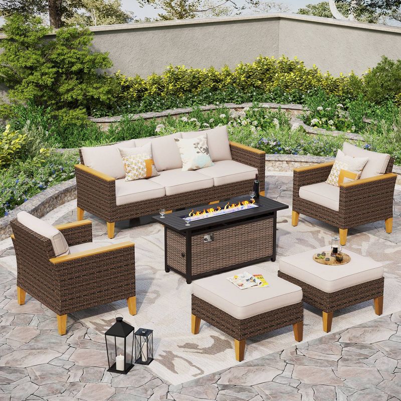 Captiva Designs 8pc Outdoor Wicker Rattan with Fire Pit and Ottoman Beige, 1 of 11