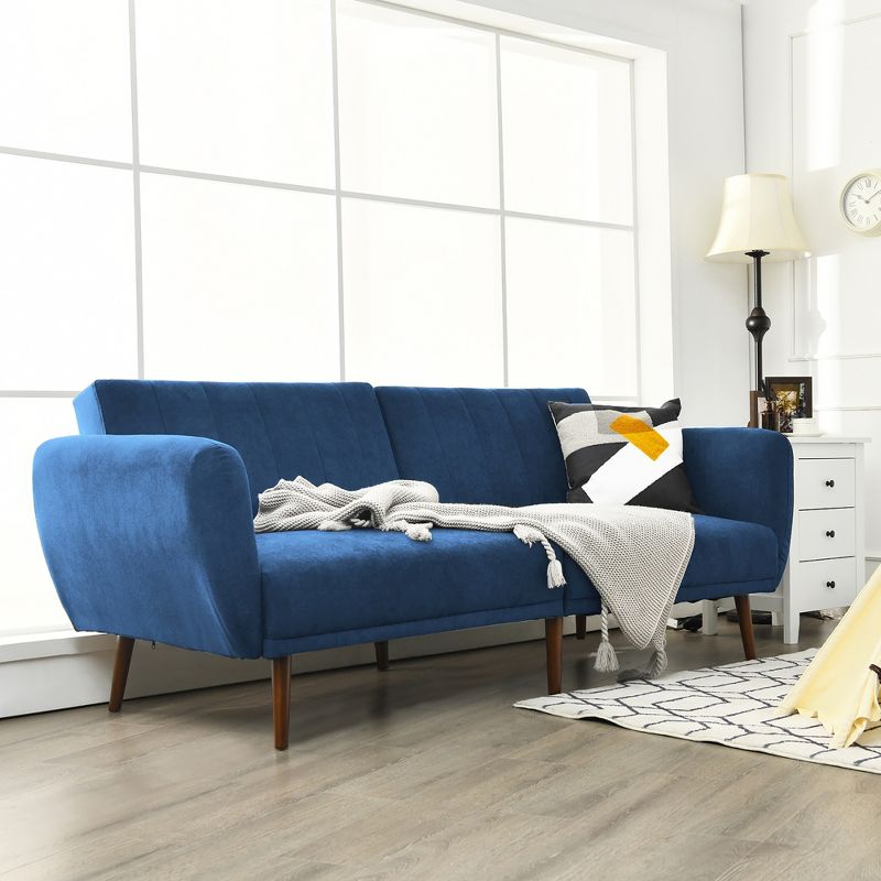 Costway Convertible Futon Sofa Bed Adjustable Couch Sleeper w/ Wood Legs Navy\Grey\Yellow, 3 of 11