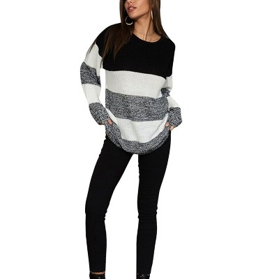 Anna-Kaci Women's Off-Shoulder Color Block Knit Sweater with Long Sleeves