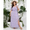 Coolmee Women's Plus Size Maxi Dress Wrap V Neck Short Sleeve High Waist Side Split Flowy A Line Casual Elegant Floral Long Dress - 2 of 4