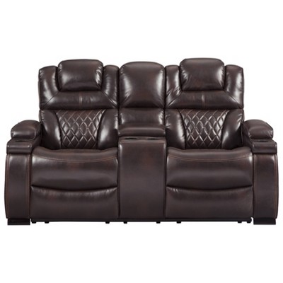 Warnerton Power Recliner Loveseat with Console and Adjustable Headrest Chocolate - Signature Design by Ashley: Dual Reclining, USB Port, Storage