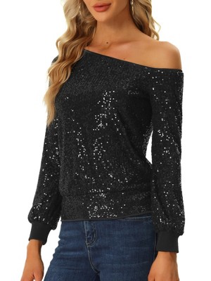 Allegra K Women's Sequin Party Sparkly Glitter Off Shoulder Top Black  X-Small