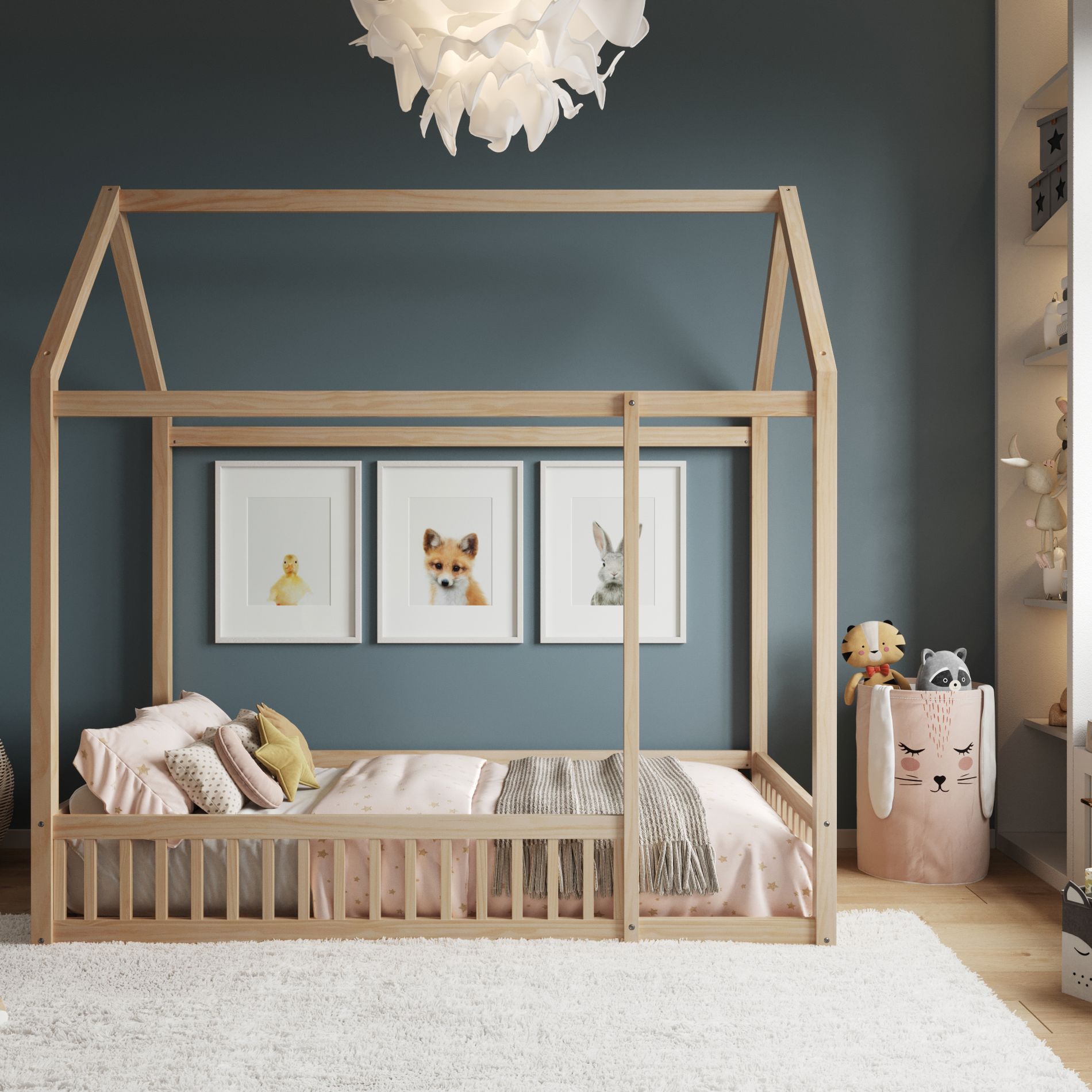 Buzz & Bloom Kids Twin-Size House Shaped Bed with Triangular Top in Natural