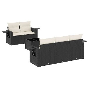 vidaXL 6 Piece Patio Sofa Set with Cushions Black Poly Rattan - Black and Cream - 1 of 4