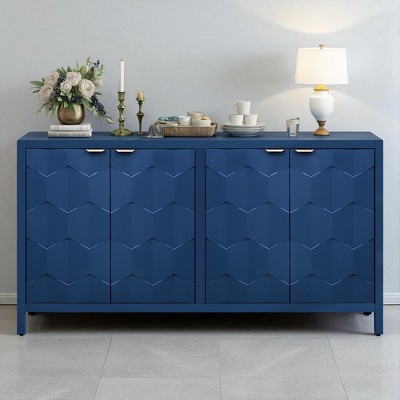 4-Door Sideboard Buffet Cabinet with Honeycomb Patterned MDF Doors, Vintage Metal Handles, Painted Finish, Ample Storage for Dining Room, Kitchen