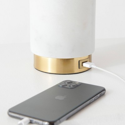 White Marble LED Table Lamp with USB Port and Brass Accents