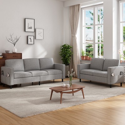 Mjkone 3PCS Convertible Sectional Sofa Set, Linen 3-Seater Sofa & Loveseat Couch with Side Pocket, Storage Ottoman