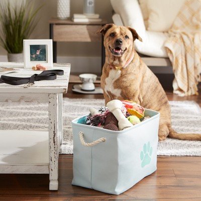 Aqua Polyester Collapsible Pet Toy Storage Bin with Rope Handles