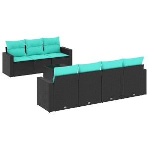 vidaXL 8 Piece Patio Sofa Set with Cushions Black Poly Rattan - Black and Blue - 1 of 4