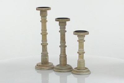 Vintage Natural Mango Wood Pillar Candle Holders, Set of 3