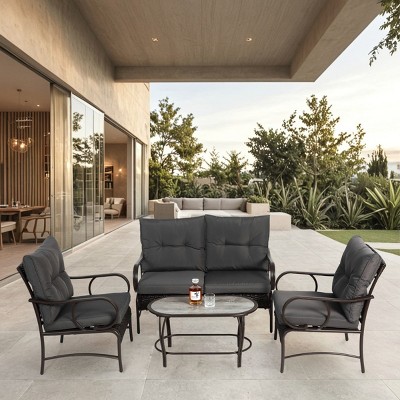 4 Piece Patio Furniture Sets, Wicker Conversation Set For Porch Deck, Patio Conversation Sets With Rattan Sofa Chair With Cushion-Cuddlewood