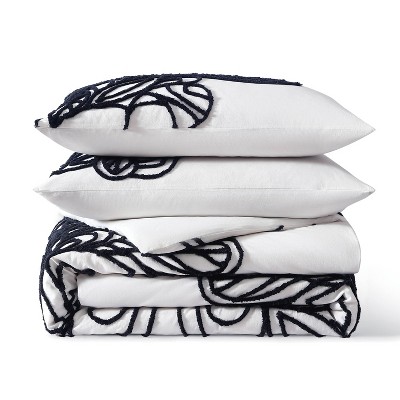 Full/Queen White Cotton Floral Tufted Duvet Set with Shams