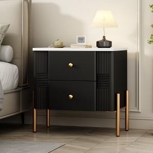 Whisen Modern Minimalist Nightstand with 2 Storage Drawer, Golden Metal Handles and Legs, Unique Textured Design - 1 of 4