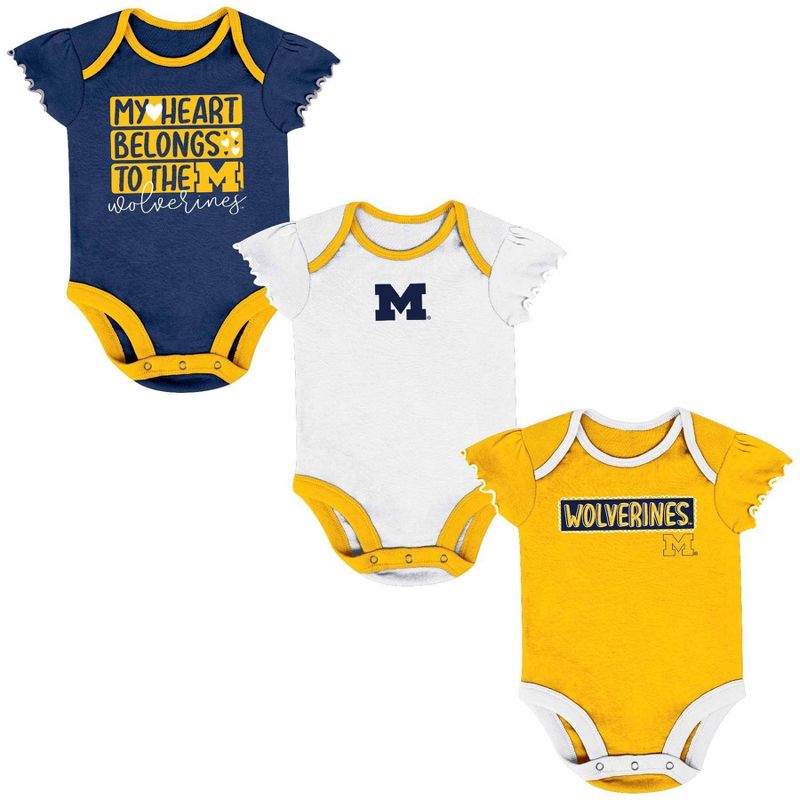 NCAA Michigan Wolverines Infant Girls&#39; 3pk Bodysuit Set, 1 of 5