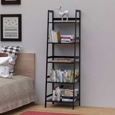 KTMBDW Ladder Bookshelf Shelf, 5 Tier Bamboo Bookcase, Modern Open Book Case Display for Bedroom, Living Room, Home Office