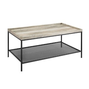Industrial Tray Top Coffee Table with Metal Mesh Shelf Gray Wash - Saracina Home, Gray Blue