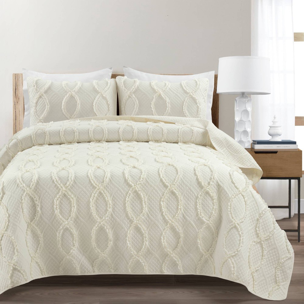 3pc King Avon Textured Ruffle Quilt Set Ivory - Lush D&eacute;cor: Microfiber, OEKO-TEX Certified, Trellis Pattern