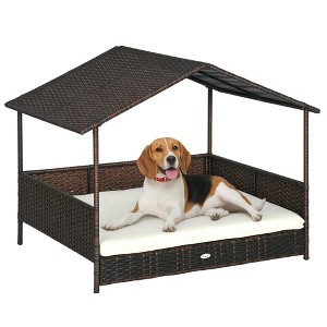 PawHut Wicker Dog House Elevated Raised Rattan Bed for Indoor/Outdoor with Removable Cushion Lounge - 1 of 4