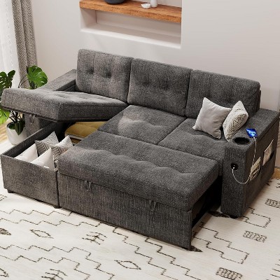 84” 2-in-1 Sofa Bed Comfortable Living Room Sofa with 2 Storage Arms and 2 Charging Ports, L-Shaped Sofa with 2 Cup Holders and Side Pockets