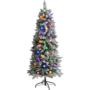 Nearly Natural 5-ft Flocked British Columbia Mountain Fir Artificial Christmas Tree in with 50 Multi Color Globe Bulbs and 379 Bendable Branches - 1 of 3