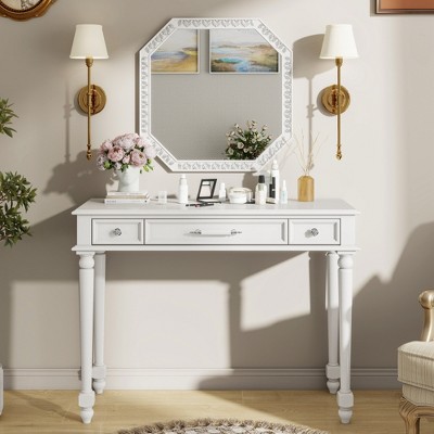 JUJABU Retro White Vanity Desk with Large Mirror and 3 Storage Drawers for Bedroom, Living Room or Entryway