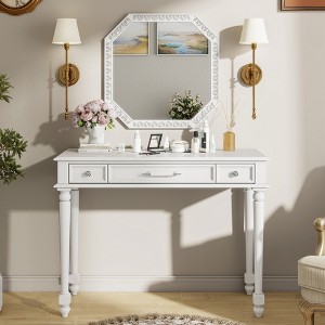 JUJABU Retro White Vanity Desk with Large Mirror and 3 Storage Drawers for Bedroom, Living Room or Entryway - 1 of 4