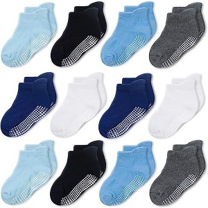 Cozyway Non-Slip Ankle Style Socks with Grippers, 12 Pack for Baby Boys and Girls, 1-3 Years - Blue/Black/White/Gray - 1 of 4